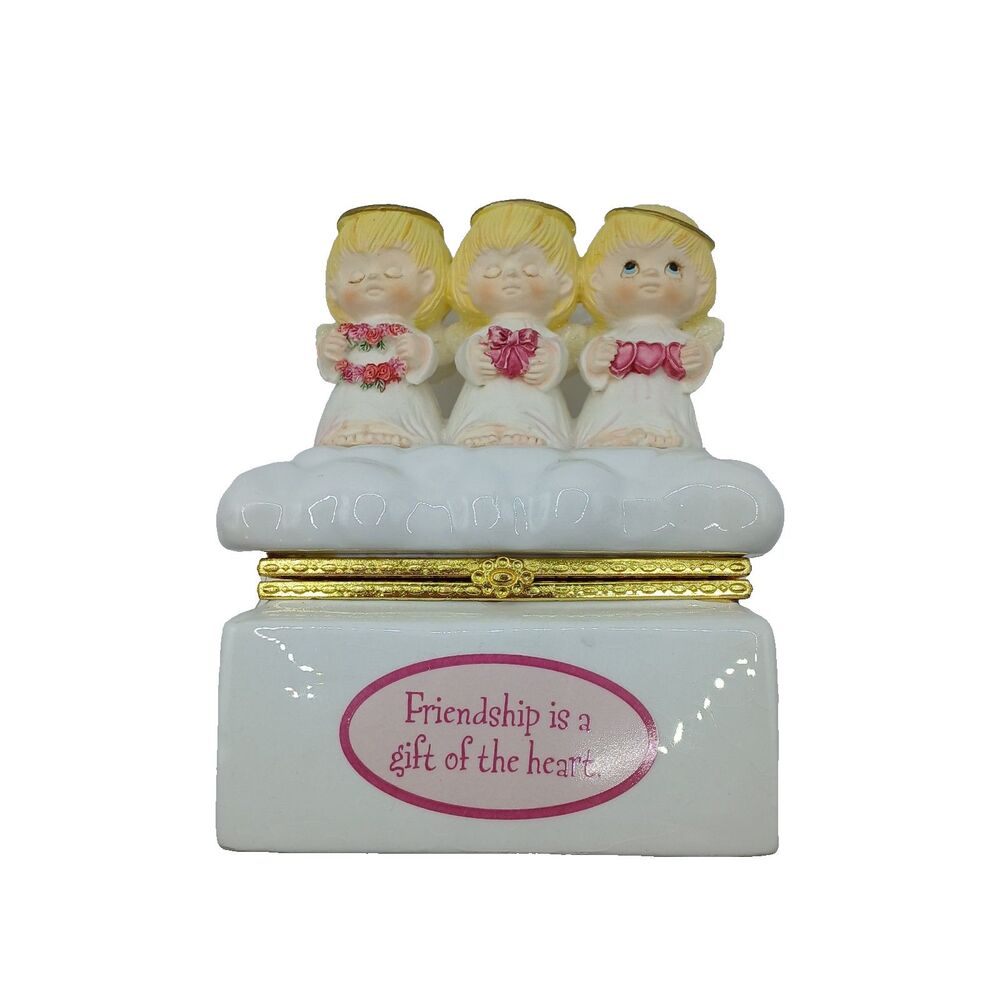 Hallmark Trinket Box Three Angels Holding Hearts & Bow Friendship is a Gift